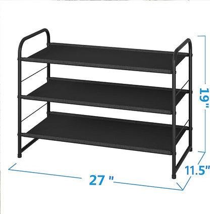 Simple Trending 3 Tier Stackable Shoe Rack, Expandable Adjustable Fabric Shoe Shelf Storage Organizer, Black