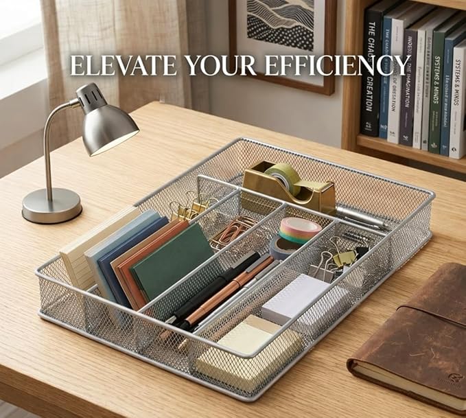YBM Home Metal Silverware Organizer for In-Drawer Cutlery Storage, 5 Compartment Mesh Cutlery Flatware Tray Sorts Kitchen Utensils, Great for Office Supplies 1133s