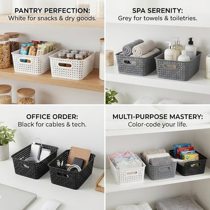 6 Pack Plastic Small Woven Storage Baskets, Black/White/Grey Assorted Organizer Shelf Weave Baskets for Home Organization, Pantry, Closet, Bathroom, Kitchen (10x7.5x4 in)