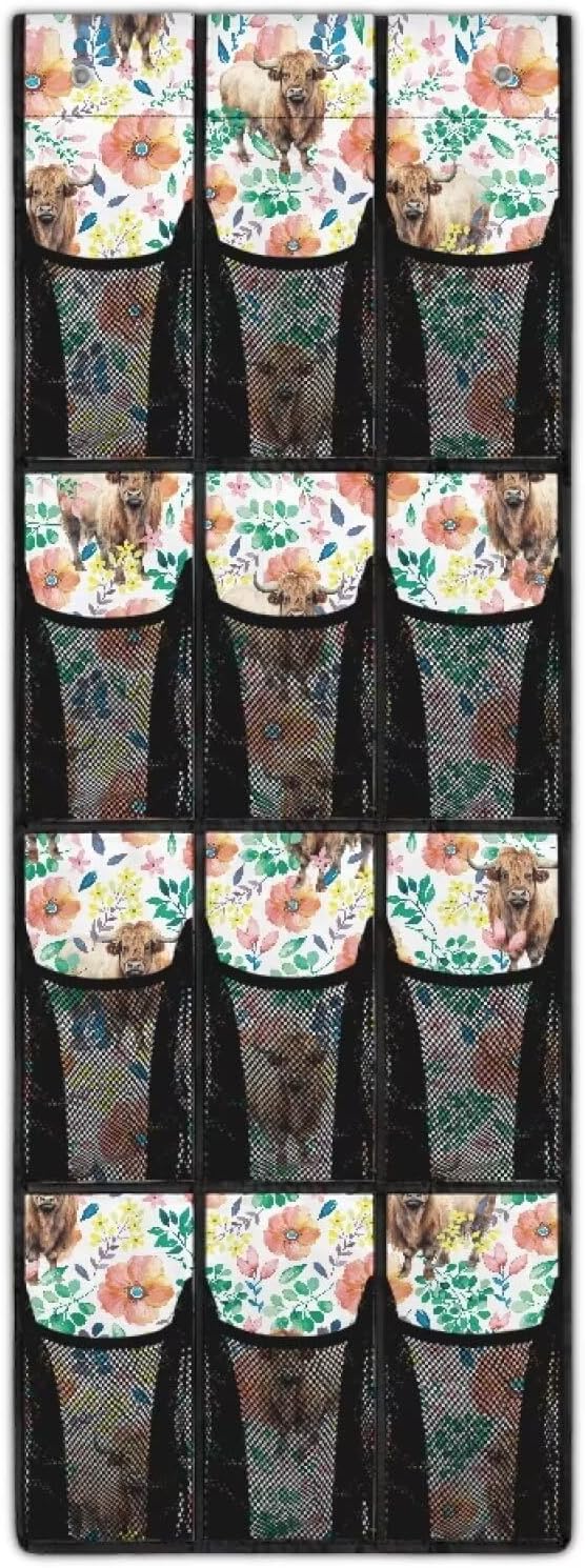 Highland Cow Flower Door Hanging Shoe Organizer for Bedroom Mesh Fabric Shoe Organizer Over The Door for Living Room,Multi-Funtion Storage Bag,4 Metal Hook with 12 Pockets