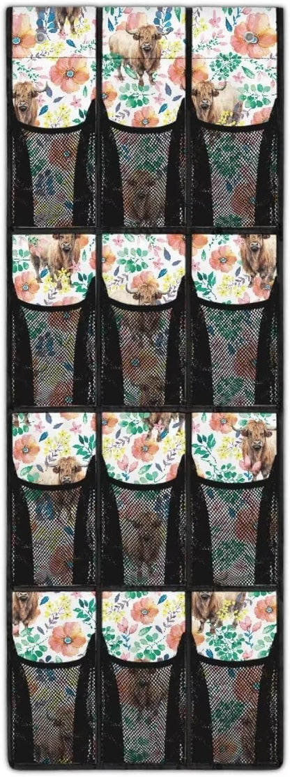 Highland Cow Flower Door Hanging Shoe Organizer for Bedroom Mesh Fabric Shoe Organizer Over The Door for Living Room,Multi-Funtion Storage Bag,4 Metal Hook with 12 Pockets