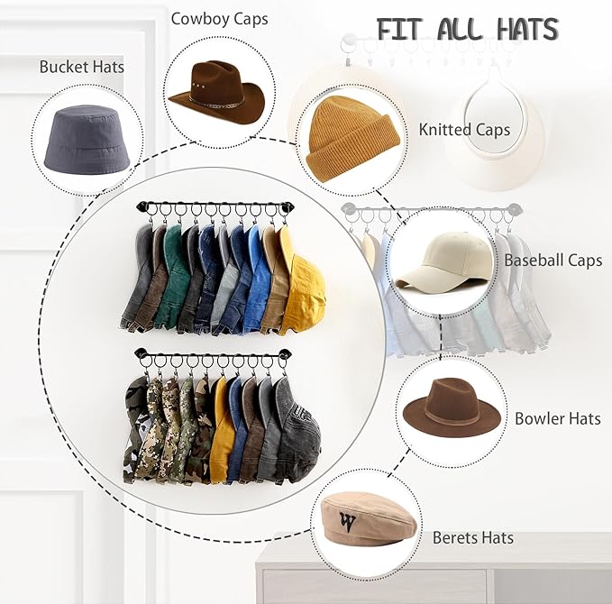 Viklluyr Hat Rack for Baseball Cap Hat Storage with 20 Hooks - Modern Metal Hat Organizer Wall Mounted Caps Hanger Set of 2 for Closet Door Bedroom Entryway Laundry