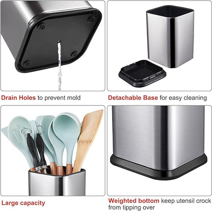 RedCall Stainless Steel Kitchen Utensil Holder for Countertop, Spoon Spatula Organizer,Modern Rectangular Large Cooking Utensil Caddy Counter,Utensil Crock Silver