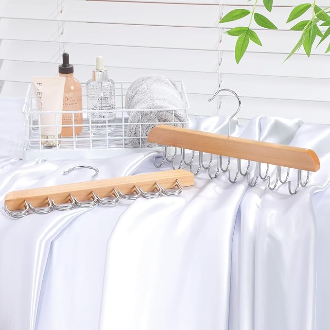 Belt Hanger for Closet, 2 Pack Closet Organizers and Storage Belt Rack Max 48 Belts, Multifunction Wooden Hanger Tie Rack