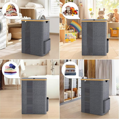 BlissTotes Laundry Basket with Lid, 80L Clothes Laundry Hamper with Handles and Removable Laundry Bag, Breathable Design Hamper with Lid for Bedroom, Bathroom, Dorm, Laundry Room - Light Grey