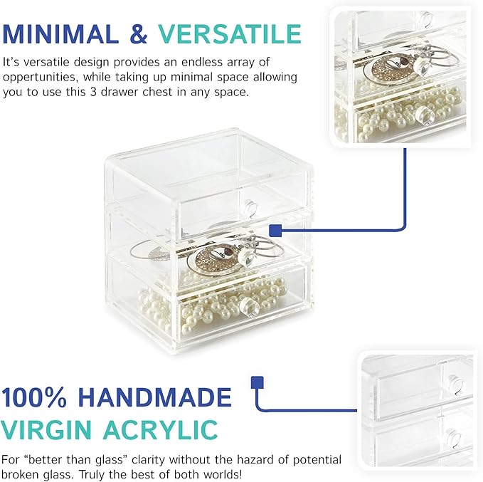 Huang Acrylic Clear Acrylic 3-Drawer Organizer, Large Makeup Jewelry Accessories Cosmetic Countertop Storage Display 5.15 x 4.7 x 4.5 inches