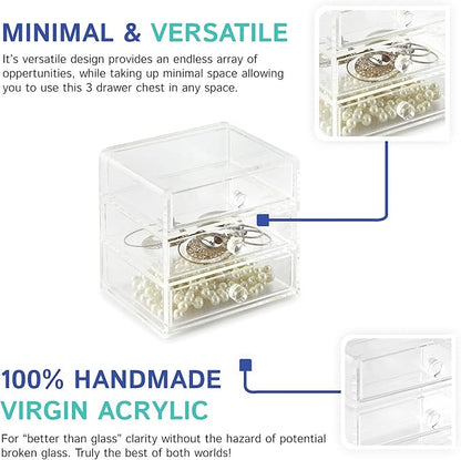 Huang Acrylic Clear Acrylic 3-Drawer Organizer, Large Makeup Jewelry Accessories Cosmetic Countertop Storage Display 5.15 x 4.7 x 4.5 inches