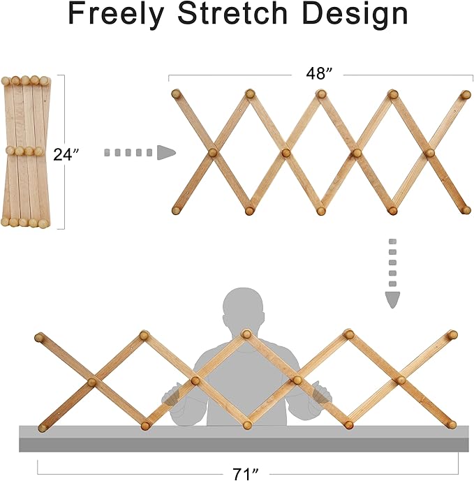 SKOLOO Large Hat Rack for Wall, Wooden Accordion Wall Hanger, Modern, Expandable Coat Hooks, Hat Display Rack for Home, Office, and Studio, 14 Peg, Walnut
