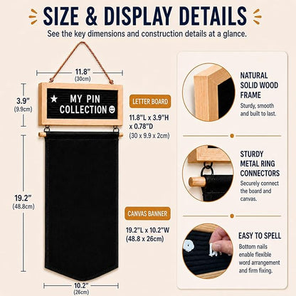 Enamel Pin Display Banner with Customizable Felt Letter Board and 170+ Letters, Hanging Canvas Pin Organizer for Lapel Pins, Brooches & Badges, Wall Display for Pin Collectors, Bedroom Dorm Decor