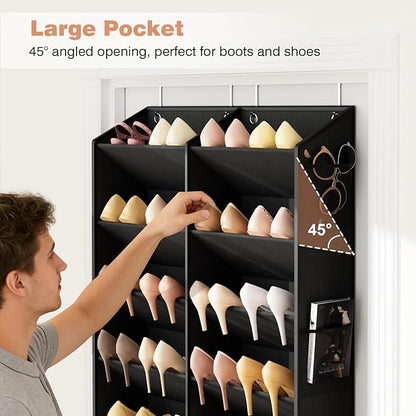 LANTEFUL Over the Door Shoe Organizer, Hanging Shoe Rack for Closet Door Shoe Storage for 30 Pairs Sneaker and Boots, Large Shoe Holder for Door with 10 Side Pockets, Space Saving, Black
