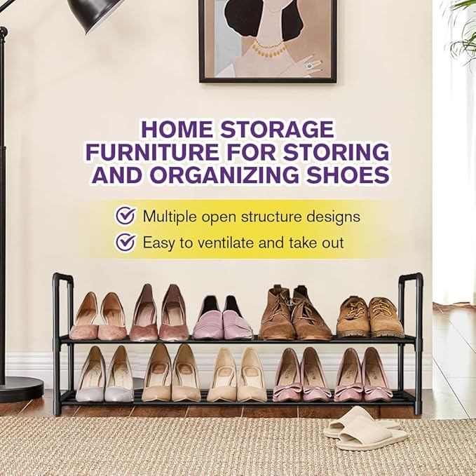Shoe Rack - Metal Shoe Rack Organizer - Stackable Shoe Storage Shelf for Entryway, Closet, Bathroom 30cm(D) x 92cm(W) x 55cm(H) -Black (2-Tier)