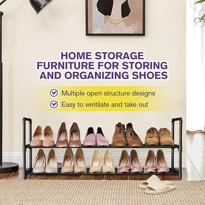 Shoe Rack - Metal Shoe Rack Organizer - Stackable Shoe Storage Shelf for Entryway, Closet, Bathroom 30cm(D) x 92cm(W) x 55cm(H) -Black (2-Tier)
