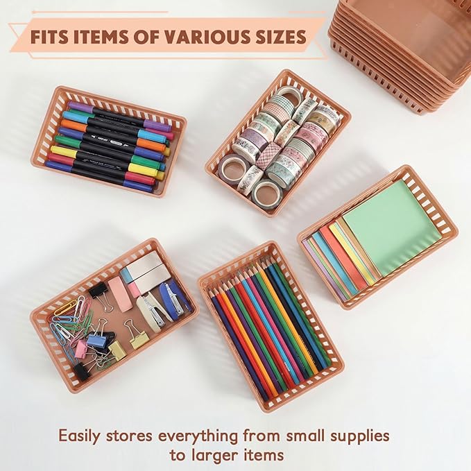 Wenqik 24 Pcs Plastic Storage Baskets for Classroom Organizing Small Pantry Storage Bins Rectangular Tray for School Household Toys Classroom Bedrooms, Kitchens Countertops (Brown)