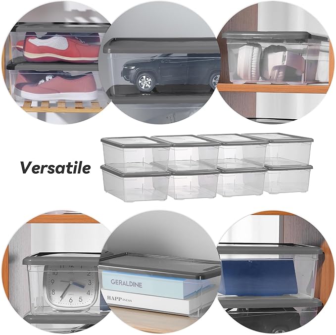 6 Quart Latching Storage Box,Plastic Clear Storage Bins With Lids Stackable (Grey, 8 Pack)