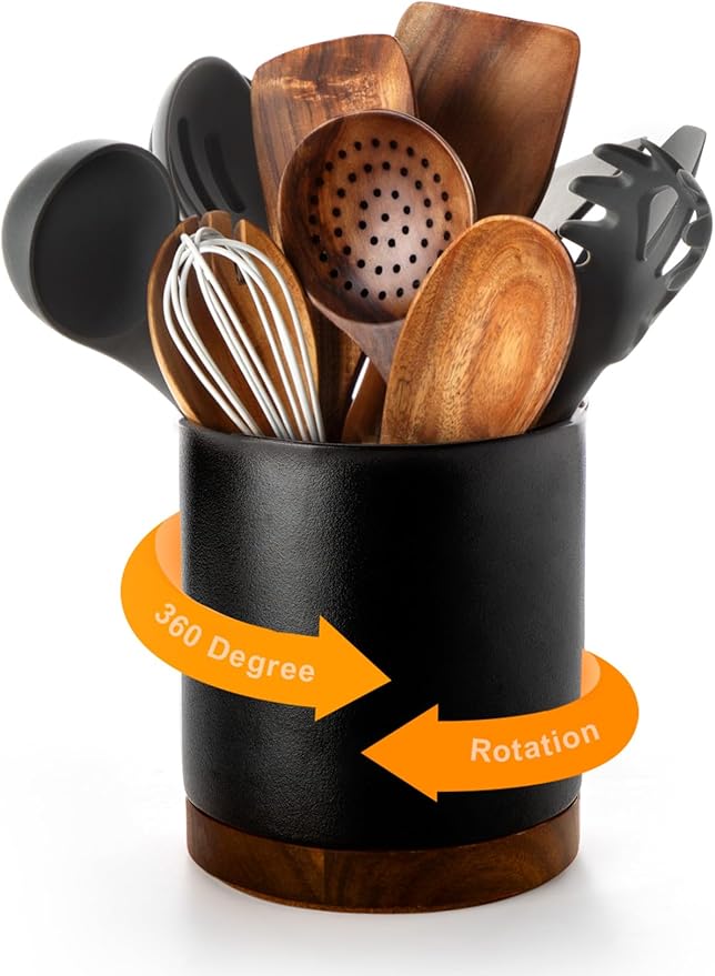 Nucookery 360°Rotating Utensil Holder, 7.2" Large Utensil Crock Countertop, Black Ceramic Cooking Utensil Organizer,Spatula Spoon Holder,Farmhouse Kitchen Decor Christmas Gift (Stone Black)