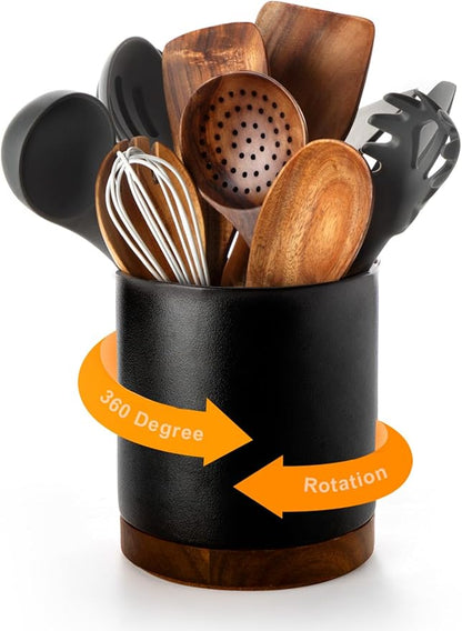 Nucookery 360°Rotating Utensil Holder, 7.2" Large Utensil Crock Countertop, Black Ceramic Cooking Utensil Organizer,Spatula Spoon Holder,Farmhouse Kitchen Decor Christmas Gift (Stone Black)