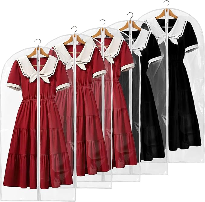 48" All Clear Garment Bags for Hanging Clothes, 5 Packs Suit Bags for Closet Storage, Plastic Waterproof Suit Cover Bags with Zipper for Coats, Jackets, Dresses (Set of 5)