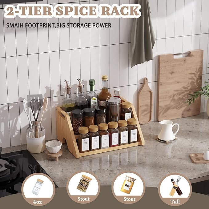 Bamboo Spice Rack Organizer -3-Tier Spice Rack for Countertop,Cabinet Spice Rack Organizer for 18 Spice Jars(4oz)，Step Shelf(Yellow)