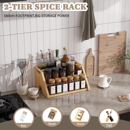 Bamboo Spice Rack Organizer -3-Tier Spice Rack for Countertop,Cabinet Spice Rack Organizer for 18 Spice Jars(4oz)，Step Shelf(Yellow)