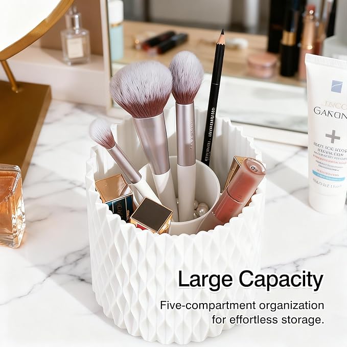 360° Rotating Makeup Brush Holder Organizer – Large Capacity 5-Compartment Cosmetic Storage for Vanity, Dresser & Bathroom (White)