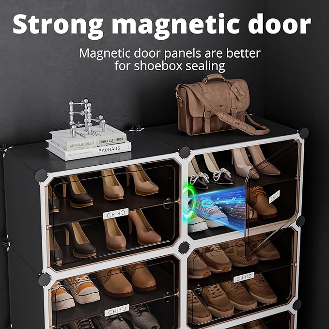 MAGINELS 6-Tier Shoe Rack,Expandable Plastic Shoe Cabinet. Shoe Storage with Door,Entryway, Closets, Hallway, and Bedroom.Accommodates Up to 24 Pairs of Shoes.Grey (3 by 6)