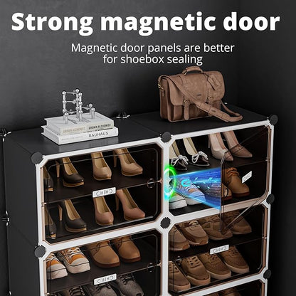 MAGINELS 6-Tier Shoe Rack,Expandable Plastic Shoe Cabinet. Shoe Storage with Door,Entryway, Closets, Hallway, and Bedroom.Accommodates Up to 24 Pairs of Shoes.Grey (3 by 6)