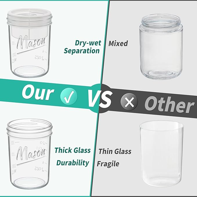 Xyptorix 16 oz Overnight Oats Containers with Lids, 2-Pack Leak-Proof Wide Mouth Mason Jars & Separate Compartments for Fruits/Nuts, Airtight Glass Jars for Chia Pudding, Yogurt, Parfait and Salad