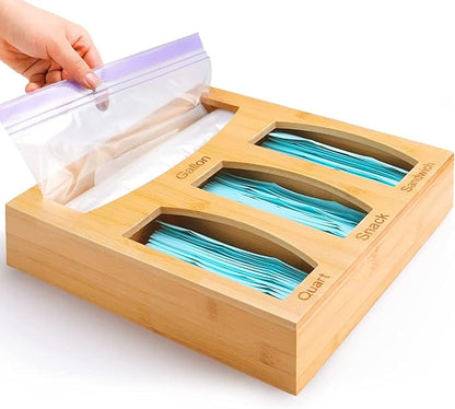 Bamboo Food Bag Storage Organizer for Kitchen Drawer, Baggie Holder for Solimo, Glad, Hefty Gallon, Quart, Sandwich and Snack Variety Size Bags (1 Box 4 Slots)