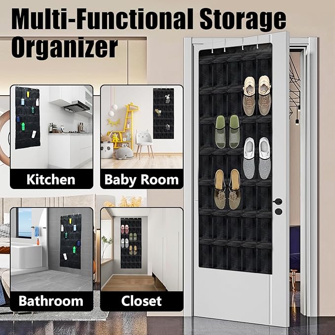 Over the Door Shoe Organizer 35 Pockets, Black Folding Hanging Shoe Rack for Door with Metal Hooks, No-Drill Install, Space-Saving Door Shoe Organizer for Closet, 67.7in x 26.4in