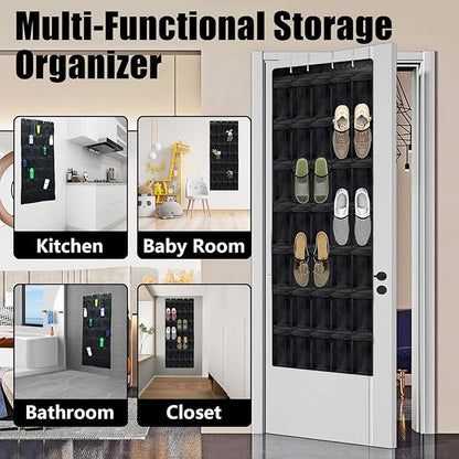 Over the Door Shoe Organizer 35 Pockets, Black Folding Hanging Shoe Rack for Door with Metal Hooks, No-Drill Install, Space-Saving Door Shoe Organizer for Closet, 67.7in x 26.4in