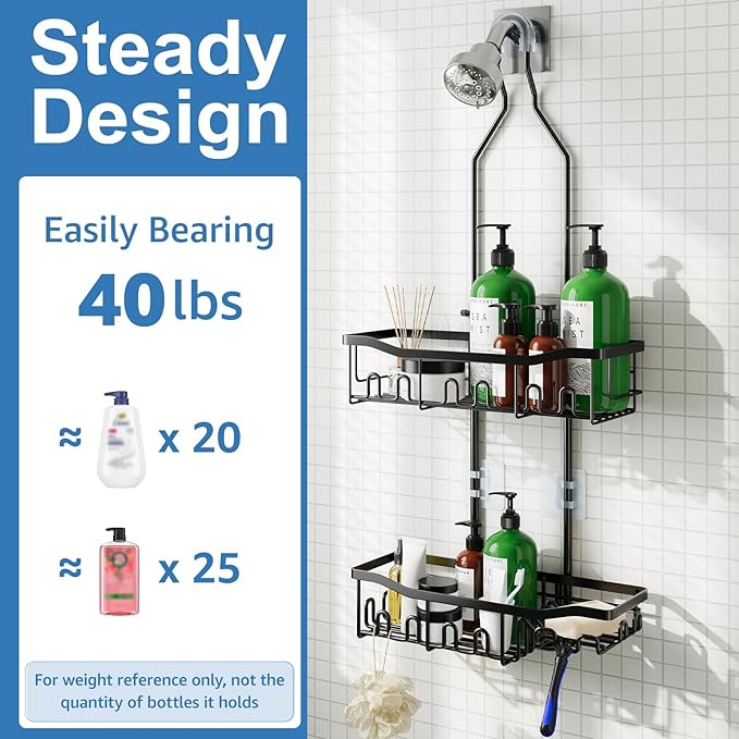 Upgraded Extended Length Shower Organizer with Hooks, Rustproof Shampoo Soap Holder, Large Hanging Bathroom Caddy