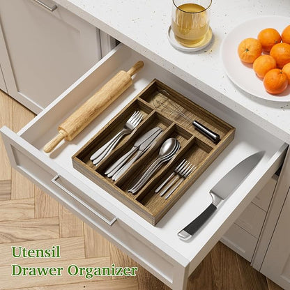 Kiasthome Acacia Wood Silverware Drawer Organizer, Kitchen Utensil Cutlery Drawer Organizer with Grooved Dividers, Flatware Organizer Silverware Tray Holder for Spoon, Fork, 11''x13.8'' (5 Slots)