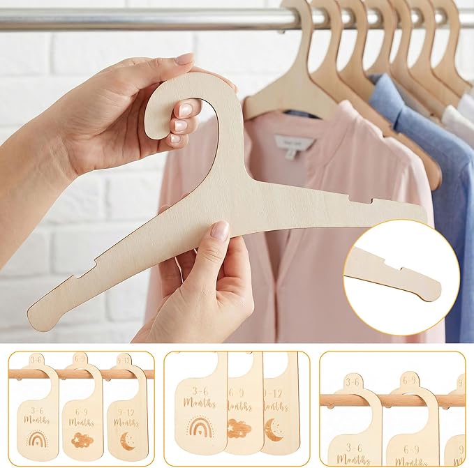 7 PCS Wooden Baby Hangers Set Wood Newborn Hanger with 7 PCS Baby Closet Dividers 9 Inch Non-Slip Coat Hangers Cute Toddler Kids Clothes Hanger for Kids Clothes Coats Suits Pants Jackets