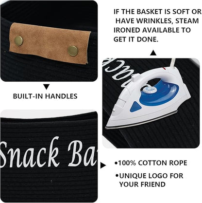 Snack Organizer for Pantry Shelf, Black Cotton Rope Basket with Handles, Snack Bin for Storing Chips, Pretzels, Cookies, Popcorn, Snack Bar Station Kitchen Organization