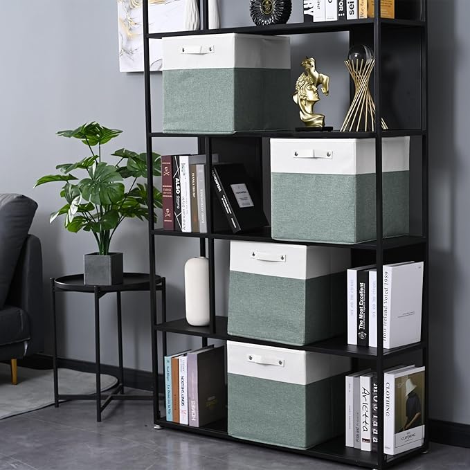 FinishingBo 13 x 13 Inch Fine Linen Storage Bins with Handles，Fabric Cube Boxs，Basket Organizers for Shelves for Home, Closet Drawers (White/Green-4 Pack )