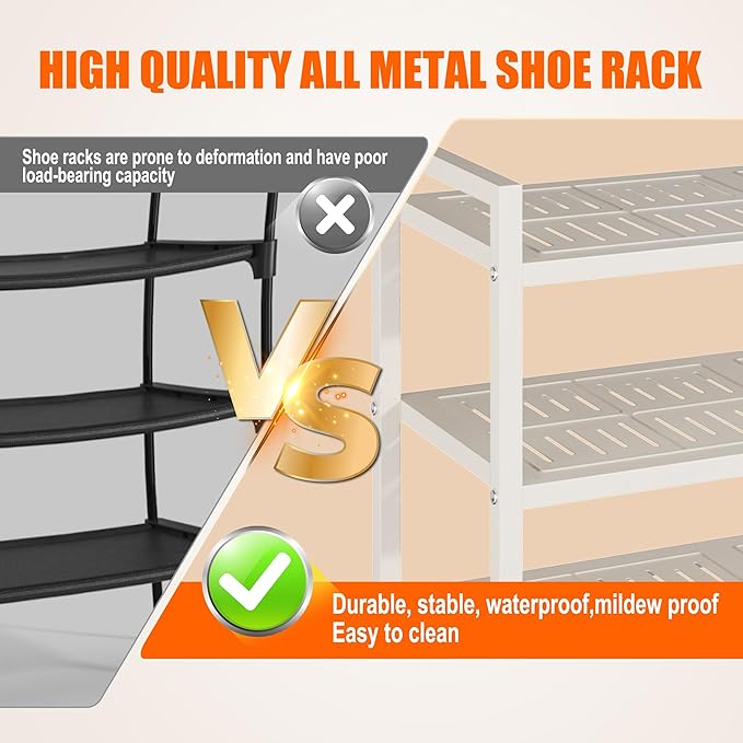 4-Tier Shoe Rack, Large Capacity Metal Free Standing Shoes Rack, Sturdy and Durable Shoe Organizer, Shoe Shelf for Closet, Entryway, Bedroom, for 24-28 Pairs, 42.1" W x 9.8" D x 27.6" H, White