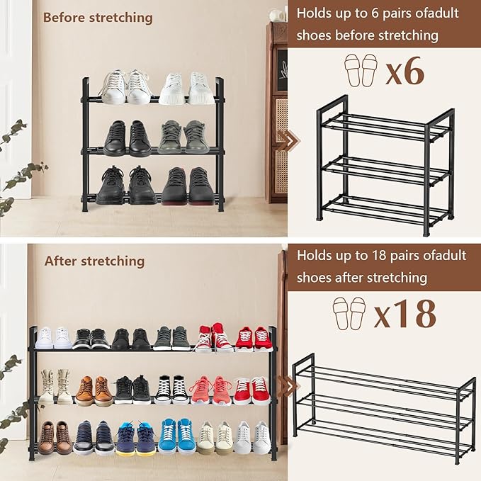 hotqueen 3-Tier Expandable Shoe Rack, 17"-41" Adjustable Shoe Shelf Storage Organizer, Heavy Duty Metal Free Standing Shoe Rack for Entryway Closet Doorway, Suitable for Families & Renters