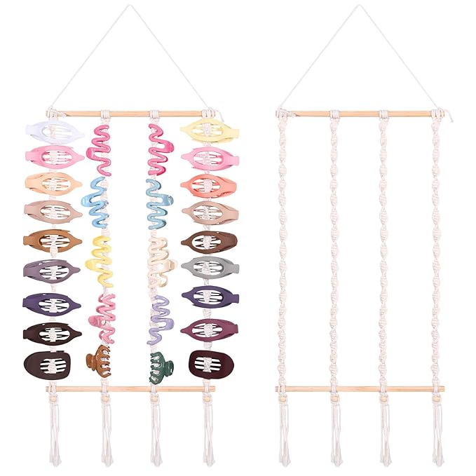 SNOWSTAR Macrame Flat Hair Claw Clip Organizer,Hanging Hair Clip Holder and Storage for Women Girls,Flat Hair Accessorie Hanger Home Decor for Wall,Door,Closet