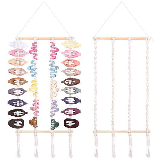 SNOWSTAR Macrame Flat Hair Claw Clip Organizer,Hanging Hair Clip Holder and Storage for Women Girls,Flat Hair Accessorie Hanger Home Decor for Wall,Door,Closet