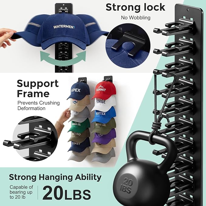 2 Pack Hat Organizer for Baseball Caps,Detachable DIY Hat Rack for Wall Hold Up to 22 Hats,Baseball Cap Organizer Cap Holder Hat Hangers for Wall Closet Door Bedroom (1A-Black)