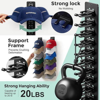 2 Pack Hat Organizer for Baseball Caps,Detachable DIY Hat Rack for Wall Hold Up to 22 Hats,Baseball Cap Organizer Cap Holder Hat Hangers for Wall Closet Door Bedroom (1A-Black)