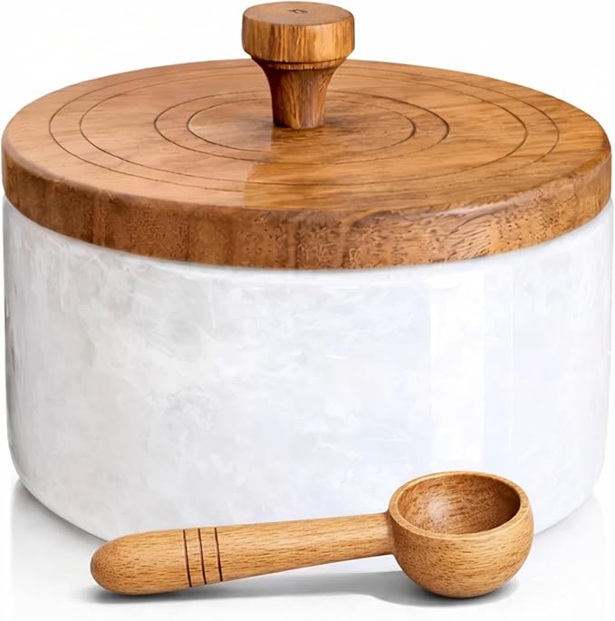 Marble salt cellar with lid and spoon, salt container with spoon, salt bowl with acacia wood lid, salt holder for countertop, salt jar - White