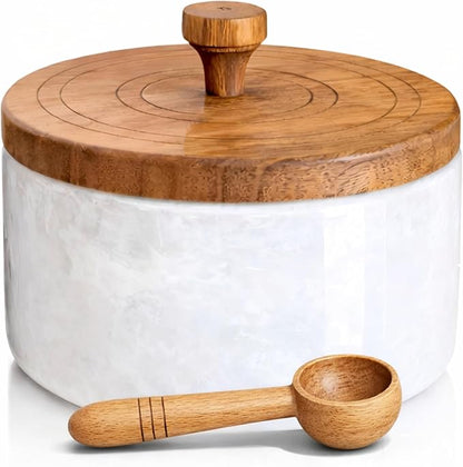 Marble salt cellar with lid and spoon, salt container with spoon, salt bowl with acacia wood lid, salt holder for countertop, salt jar - White