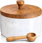 Marble salt cellar with lid and spoon, salt container with spoon, salt bowl with acacia wood lid, salt holder for countertop, salt jar - White