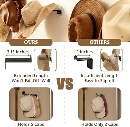 NANATI 3.15 inches Metal Hat Hooks for Wall, 6 Packs Cowboy Hat Holder, Hat Rack for Storage, Hat Organizer for Baseball Caps, Strong Adhesive Cap Holder, Cowboy Hat Hanger for Western Room Decor
