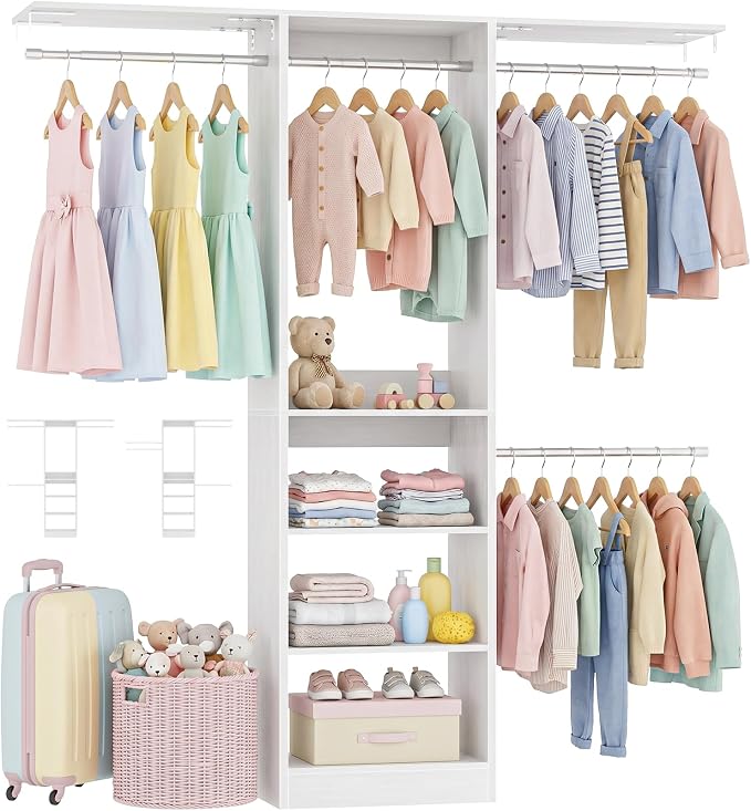 iSunirm 48" Small Closet System, Space-Saving Wall-Mounted Wardrobe Organizer, Mini Garment Rack for Narrow Spaces, Morning Outfit Prep Station & Nursery Dress-up Storage, White