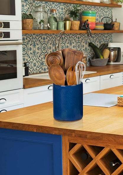 Nucookery Utensil Holder, 6.4" Ceramic Kitchen Utensil Holder for Countertop with Protection Cork Bottom, Vintage Farmhouse Kitchen Decor for Counter, Gift (Royal blue)