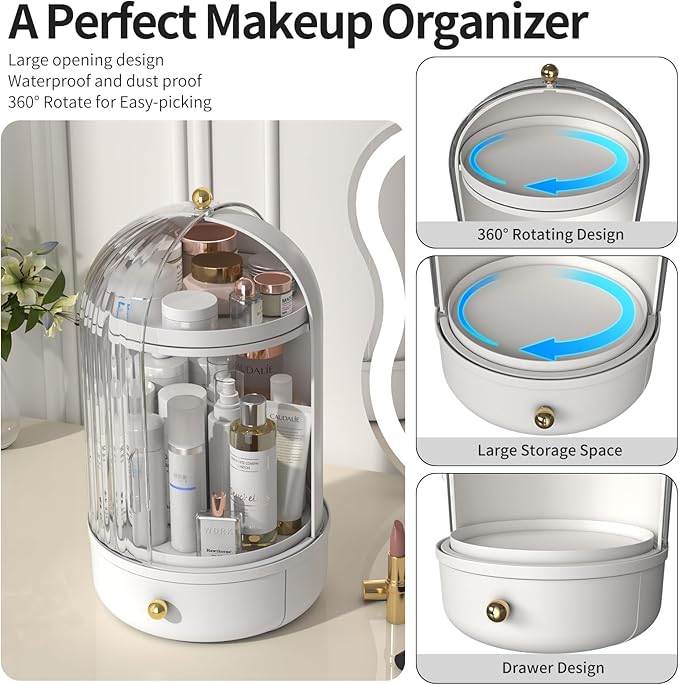 Skincare Organizers with Lids, 360 Rotating Makeup Storage Organizer with Lipstick Holder,Cosmetics Skincare Organizers with Lid and Drawer Cosmetic Display Cases for Countertop (Black)
