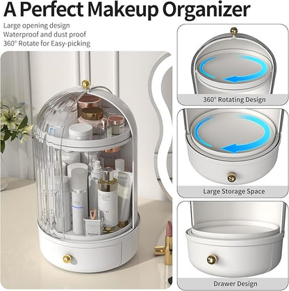 Skincare Organizers with Lids, 360 Rotating Makeup Storage Organizer with Lipstick Holder,Cosmetics Skincare Organizers with Lid and Drawer Cosmetic Display Cases for Countertop (Black)