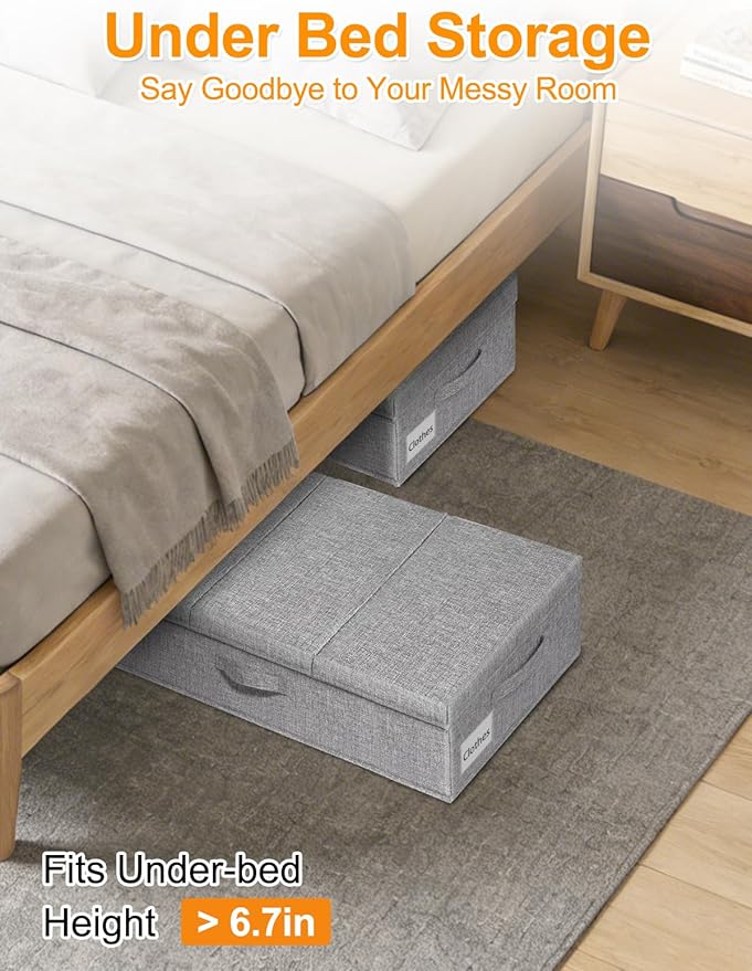 punemi Under Bed Storage With Lids, 2 Pack Large Underbed Storage Containers Clothes W/ 3 Handles, Foldable Low Profile Stackable Drawer Organizer Bins Box for Blanket Shoe Bedroom, 31.1*15.7*6inch